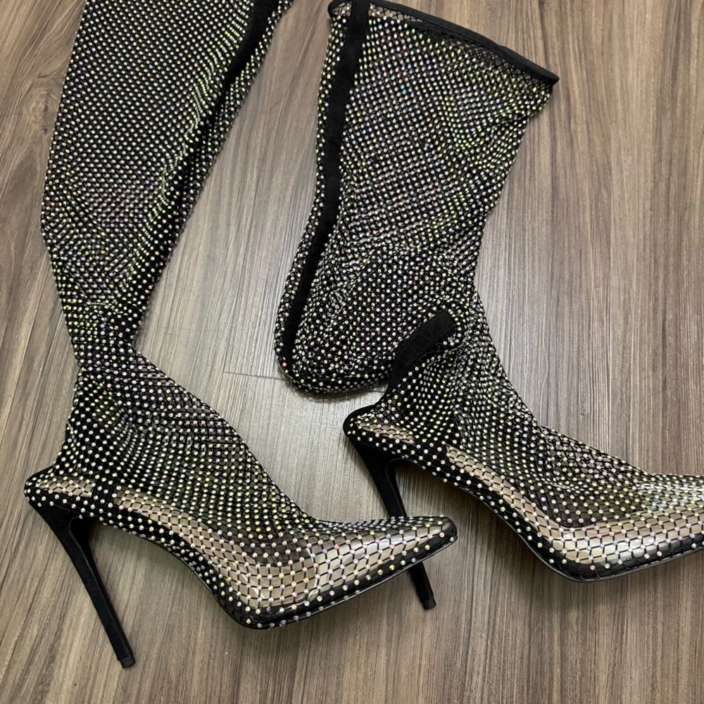 Ladies sz 44 Stiletto High Heel Over The Knee Black Fishnet Mesh Gem Rhinestone - Picture 8 of 12
